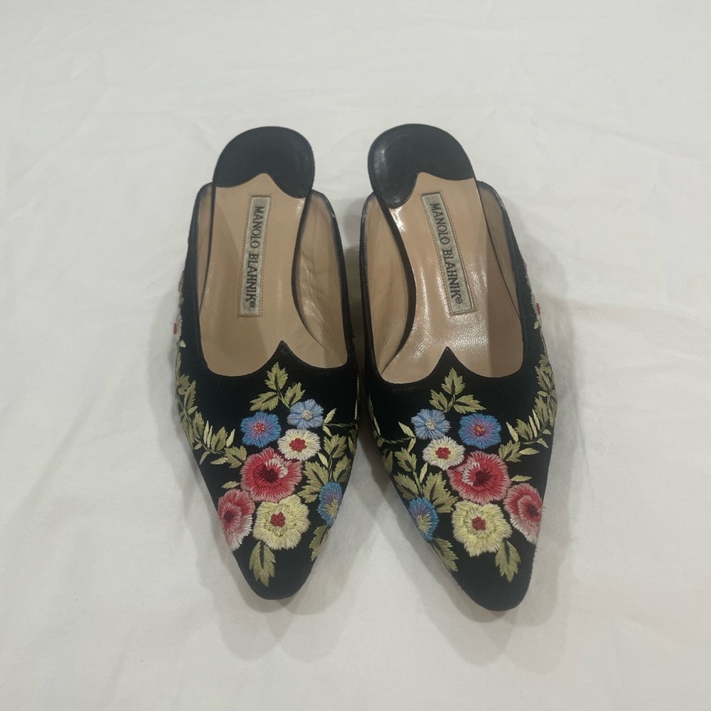Manolo Blahnik mules . Beautiful Black suede with embroidered floral.